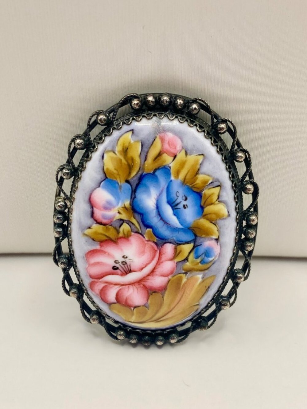 Vintage Hand Painted Floral Porcelain Brooch Ornate Metal Frame -33B